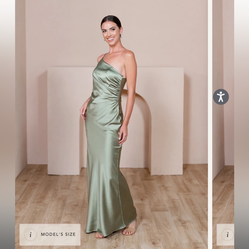 Revelry Satin One-Shoulder Maxi Dress in Sage Green